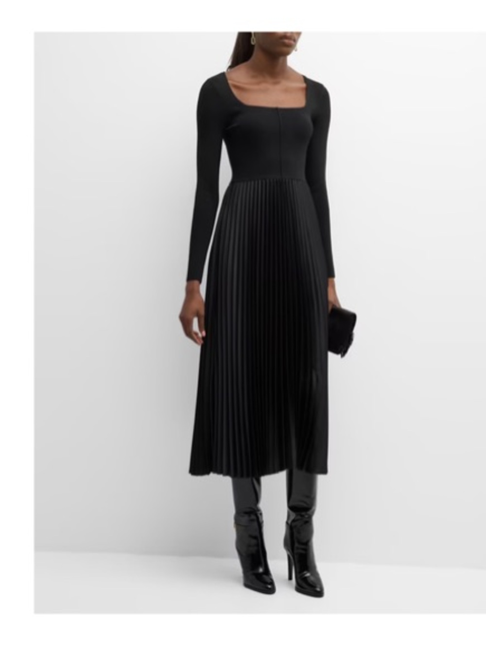 Elie Tahari Black Fara Pleated Square-Neck Midi Dress